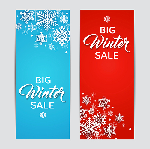Decorative winter vertical banners with white snowflakes on a blue and red backgrounds. Design for seasonal Christmas sale. Vector illustration