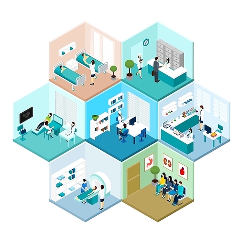 Hospital reception examination and waiting rooms interior tessellated honeycomb hexagonal isometric composition pattern abstract vector isolated illustration