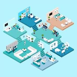 Hospital icons Isometric scheme with different cabinets and rooms on different floors connected by stairs vector illustration