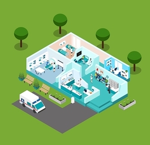 Medical center icons Isometric interior  with different rooms medical staff and  equipment vector illustration