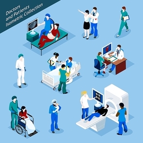 Doctor And Patient Isometric people icon set with isolated medical workers in uniform and people at reception vector illustration