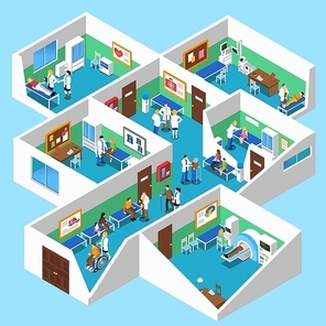 Hospital ground floor interior isometric design with mri facility patients nurses and doctor assistants abstract vector illustration