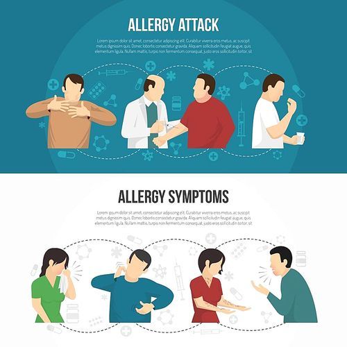 Two horizontal colored allergy banner set with allergy attack and allergy symptoms descriptions vector illustration