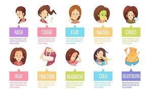 Colored and isolated cartoon sickness woman icon set with nausea rash cough heat fracture and others descriptions vector illustration