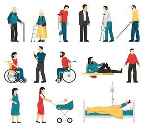 Set of disabled people including blind deaf injured and elderly persons pregnant woman infant isolated vector illustration
