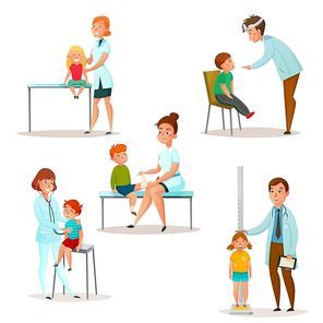 Colored and isolated kids visit a doctor icon set with pediatrician and neurologist examine a patient vector illustration
