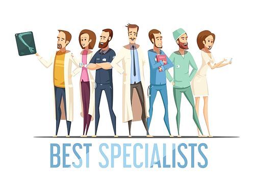 Best medical specialists design with smiling doctors and nurses in various poses cartoon retro style vector illustration