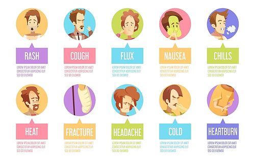 Colored and isolated cartoon sickness man icon set with cold headache chills flux rash descriptions vector illustration