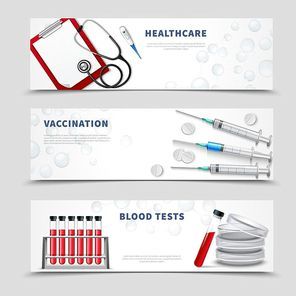 Three horizontal banners set with realistic medical treatment tools stethoscope blood test vials and vaccine injectors vector illustration
