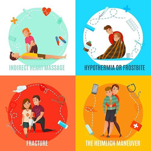 Four square icon set with emergency first aid people concept and with indirect heart massage fracture hypothermia and the heimlich maneuver descriptions vector illustration