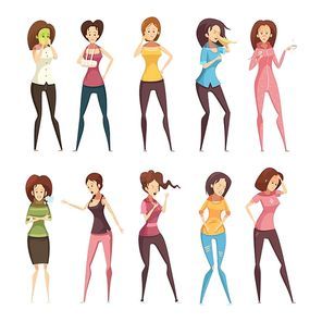 Colored and isolated sickness woman retro cartoon icon set with different women vector illustration