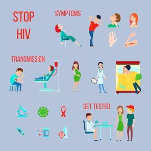 Colored flat HIV infection AIDS icon set with symptoms transmission and get tested descriptions vector illustration