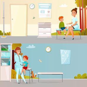 Kid visits doctor horizontal cartoon banners including boy with injured leg hearings of breathing isolated vector illustration