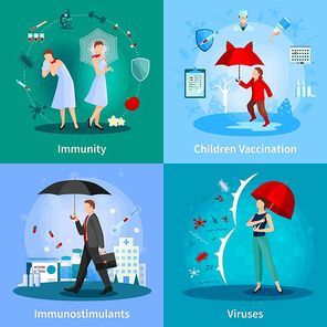 Immune system concept with people under umbrellas madication and vaccination viruses and bacteria isolated vector illustration