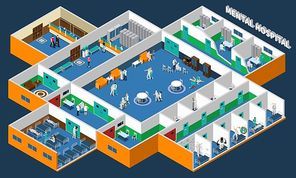 Mental hospital isometric interior with office patients and staff common rooms and separate wards vector illustration