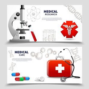 Two horizontal medical care banners set with realistic images of ambulance box equipment and molecule signs vector illustration