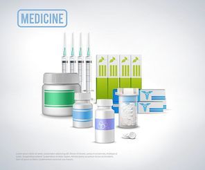 Medical healthcare products conceptual background with composition of realistic injectors pills packages with text vector illustration