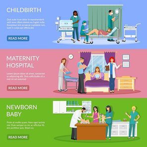 Maternity hospital horizontal banners set of  childbirth newborn baby happy father flat compositions vector illustration