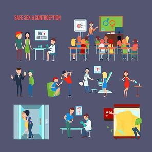 Colored flat contraception icon set with child in school and their informing and safe sex description vector illustration