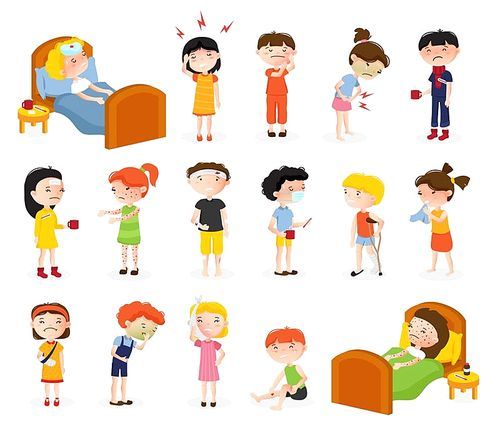 Cartoon sick boy and girl set of isolated doodle style teenager characters suffering from various diseases vector illustration