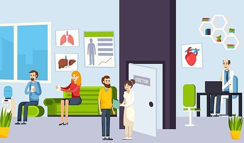 Colored flat waiting room in the clinic composition with patients and doctors vector illustration