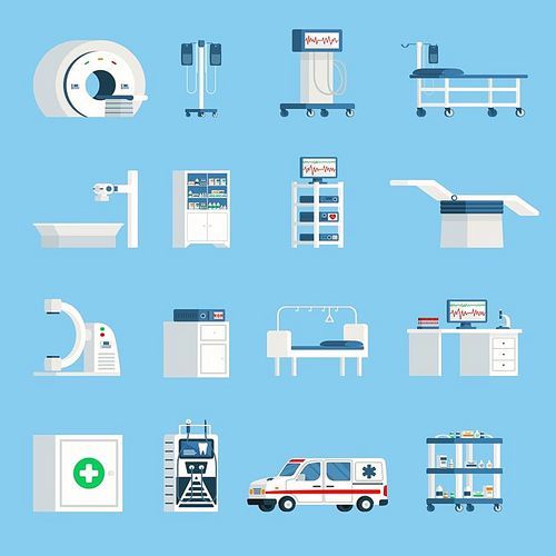 Hospital equipment orthogonal flat icons set of high-tech devices for surgery and examination of patient isolated vector illustration