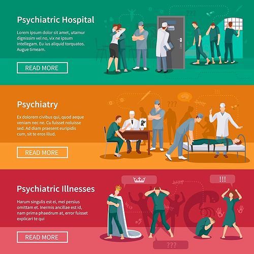 Psychiatric illnesses horizontal banners set with hospital symbols flat isolated vector illustration