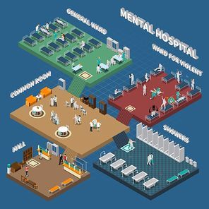 Multistory mental hospital isometric interior with people in hall wards and showers on blue background vector illustration