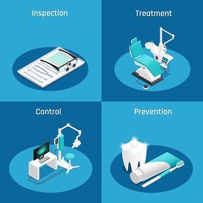 Colored stomatology dentistry isometric icon set with inspection treatment control and prevention descriptions vector illustration