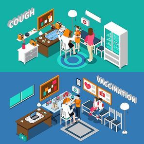 Isometric horizontal banners with child diseases including cough and vaccination pediatricians kids interior elements isolated vector illustration