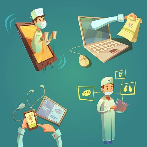 Online doctor cartoon set with laptop and mobile phone isolated vector illustration