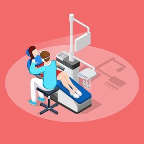 Dentist isometric composition with dental work procedure drilling machine doctor and patient human characters vector illustration