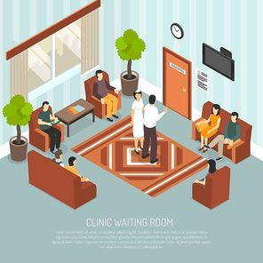 Clinic waiting room with medical worker and visitors sitting on brown armchairs and sofa isometric vector illustration