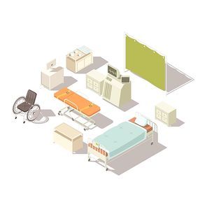 Isolated isometric elements of hospital interior with diagnostic equipment and furniture for patients flat vector illustration