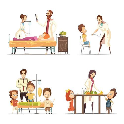 Ill children treatment in hospital 4 retro cartoon icons  with doctors nurse and parents isolated vector illustration