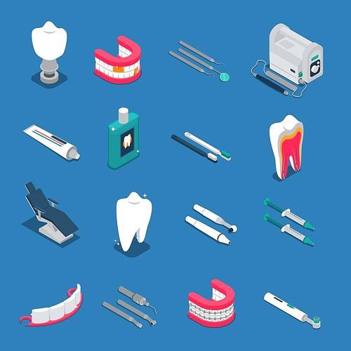 Stomatology isometric colored  icons isolated on blue background with dentures and tools for dental care vector illustration