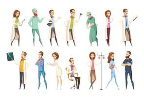 Nurse characters set in cartoon retro style with men and women in different activities isolated vector illustration