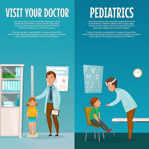 Pediatrician and kid vertical cartoon banners with measuring of height and examination of throat isolated vector illustration