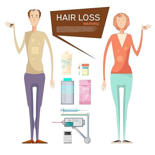 Hair loss conceptual composition with balding man and woman characters suffering from hair loss and medication vector illustration