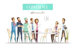 Medical conference with audience near table and lecturer with computer and assistant cartoon retro style vector illustration