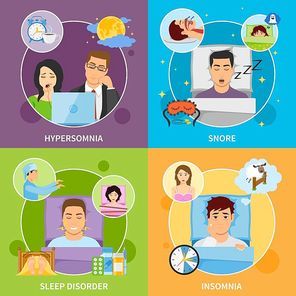 Four square sleeping disorder compositions with flat images representing different kinds of somnipathy with patient characters vector illustration