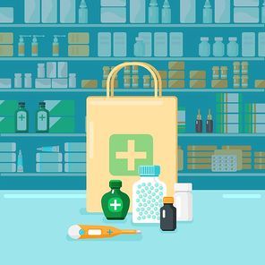 Colored flat pharmacy concept with buying in firm package on background of shop windows with medications vector illustration