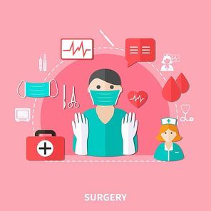 Surgery flat composition with doctor nurse blood cardiogram computer and medical tools on pink background vector illustration