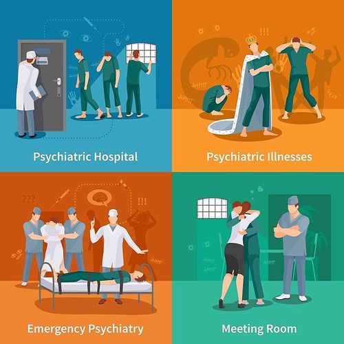 Psychiatric illnesses concept icons set with emergency psychiatry symbols flat isolated vector illustration