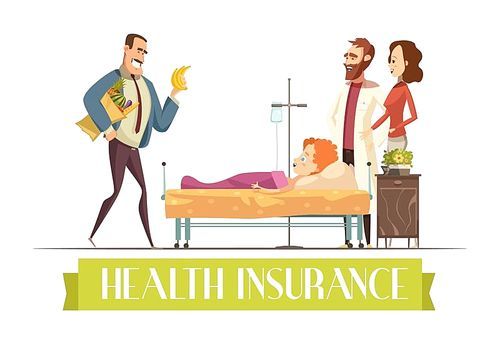 Health insurance police payment plan covers child treatment and food cartoon illustration with happy  visiting parents vector