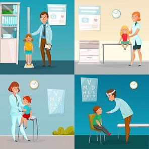 Kids visit doctors cartoon compositions with medical checkup including measuring of height and vaccination isolated vector illustration