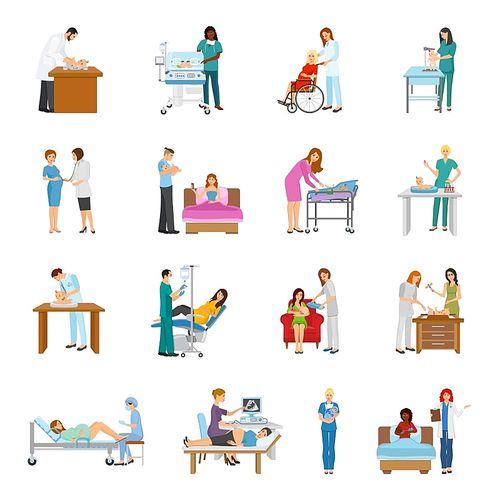 Maternity hospital newborn baby nursery birth attendant and pregnant women human characters collection of isolated images vector illustration