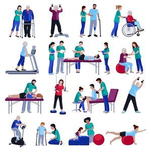 Physiotherapy rehabilitation sessions for people with cardiovascular geriatric and neurological disorders flat icons collection isolated vector illustration
