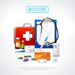 Medical realistic background with first aid box thermometer binaural stethoscope pills vials and syringe with text vector illustration
