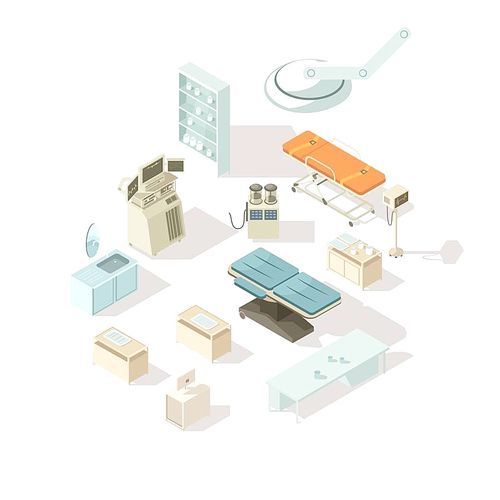 Medical equipment for hospital isometric icons set of special furniture for operating room and  intensive care flat vector illustration